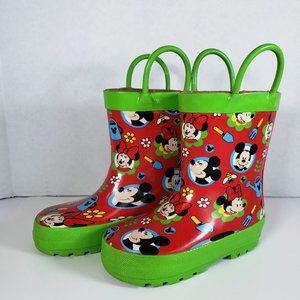 Disney Mickey Mouse & Minnie Kids Pull On Rain Boots 5/6 | Red | Green | Garden